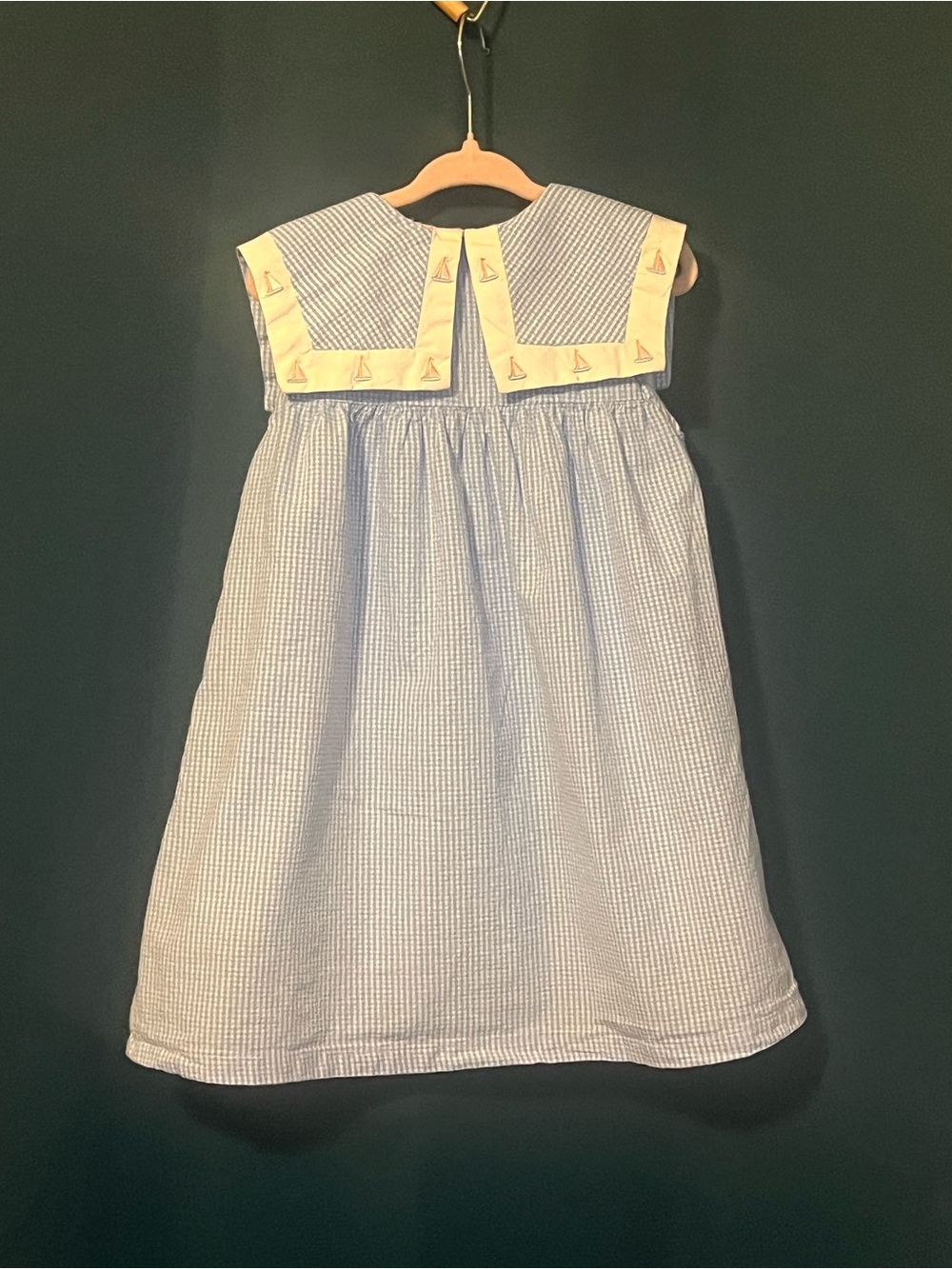 Girls Light Blue Seersucker Sailor-Style Dress with Yellow Trim
